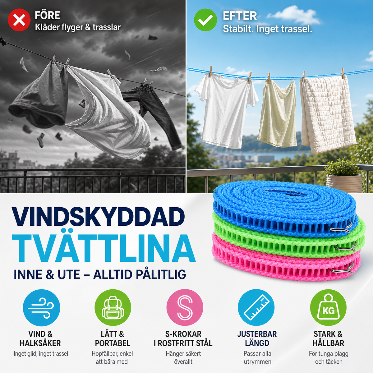 đŹïž Köp 1 FĂ„ 1 Gratis! đ§ș Vindskyddad & halkfri tvĂ€ttlina â snabbtorkande, sĂ€ker & enkel att sĂ€tta upp âïž