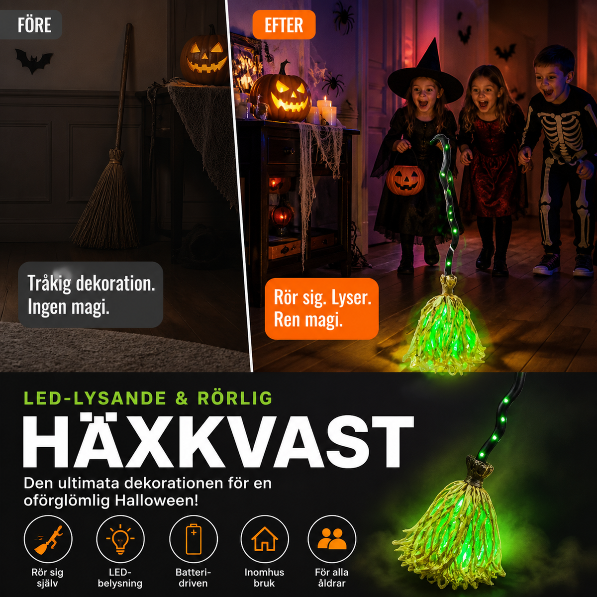 đ HALVA PRISET! Skapa en magisk HalloweenstĂ€mning â animerad hĂ€xa pĂ„ kvast med ljus och ljud