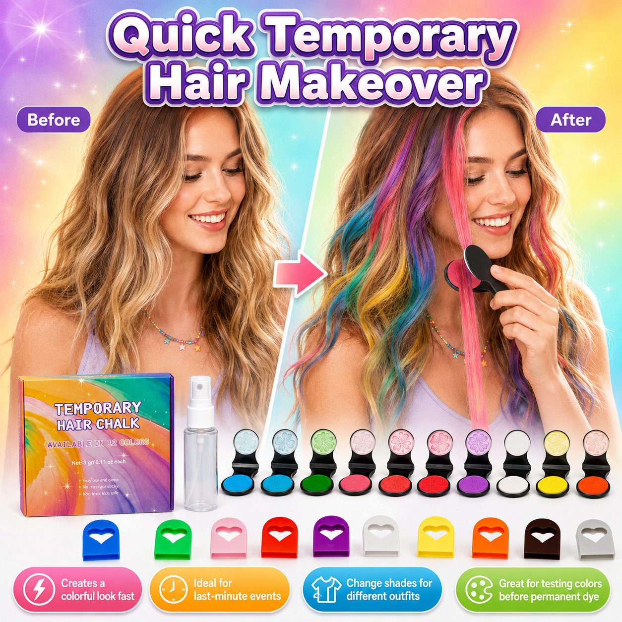 🔥Sista dagen 50% RABATT - 🌈12-färgs tillfällig hårkritapplikator set