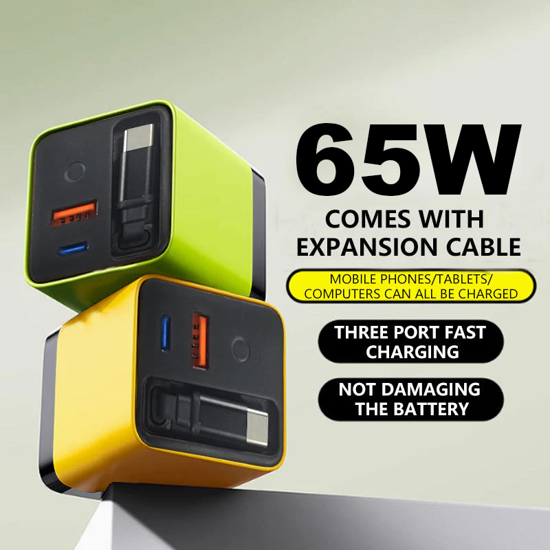 🔥REA – 50 % RABATT🎁 65 W snabbladdare för mobiltelefon med infällbar 80 cm lång Type-C-kabel