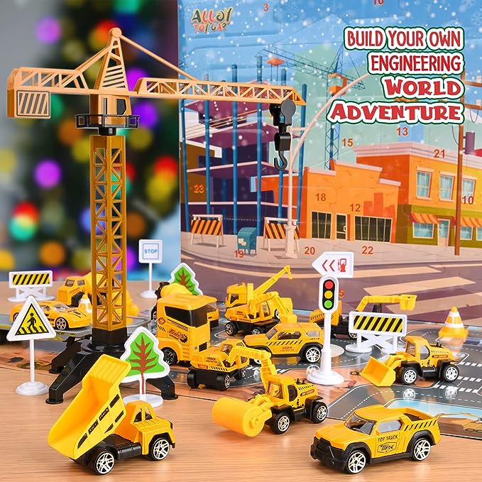 🎁 50% RABATT NU! Byggteknikfordon Adventskalender – 24 överraskningar, diecast-modeller & lärorik lek – perfekt för julkalendern och små ingenjörer 🏗️🚛