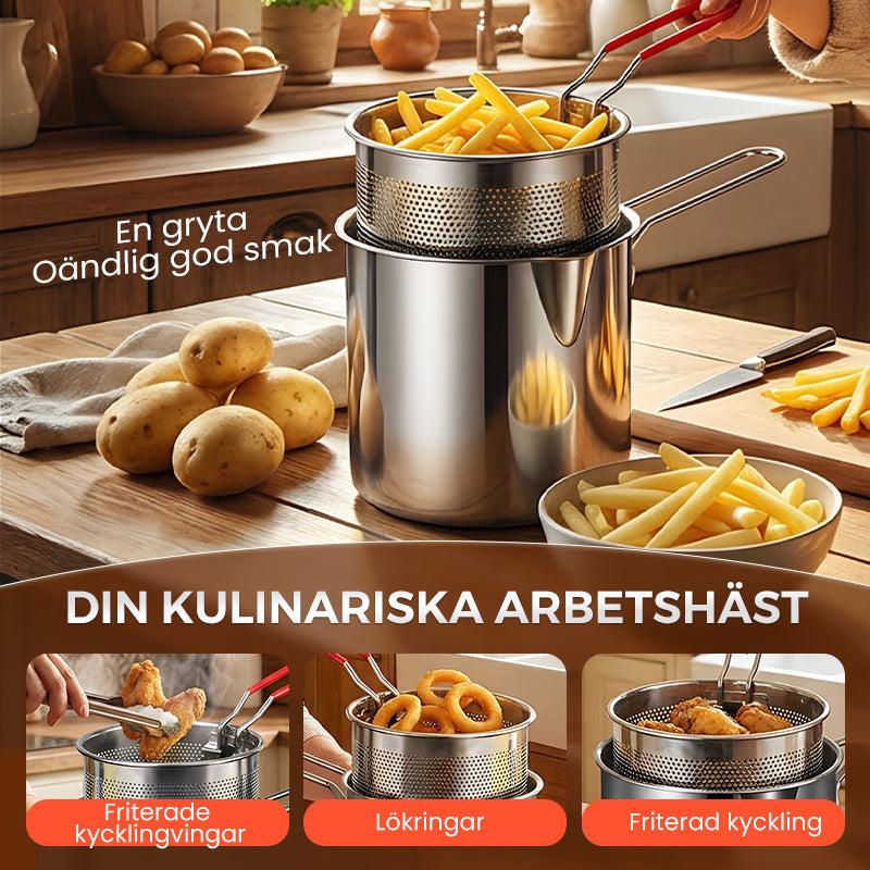 🍳 50 % RABATT NU! 🍟 Multifunktionell stekpanna i 304 rostfritt stål – fritera, steka, koka & stuva i en gryta – perfekt för alla kök 🏠