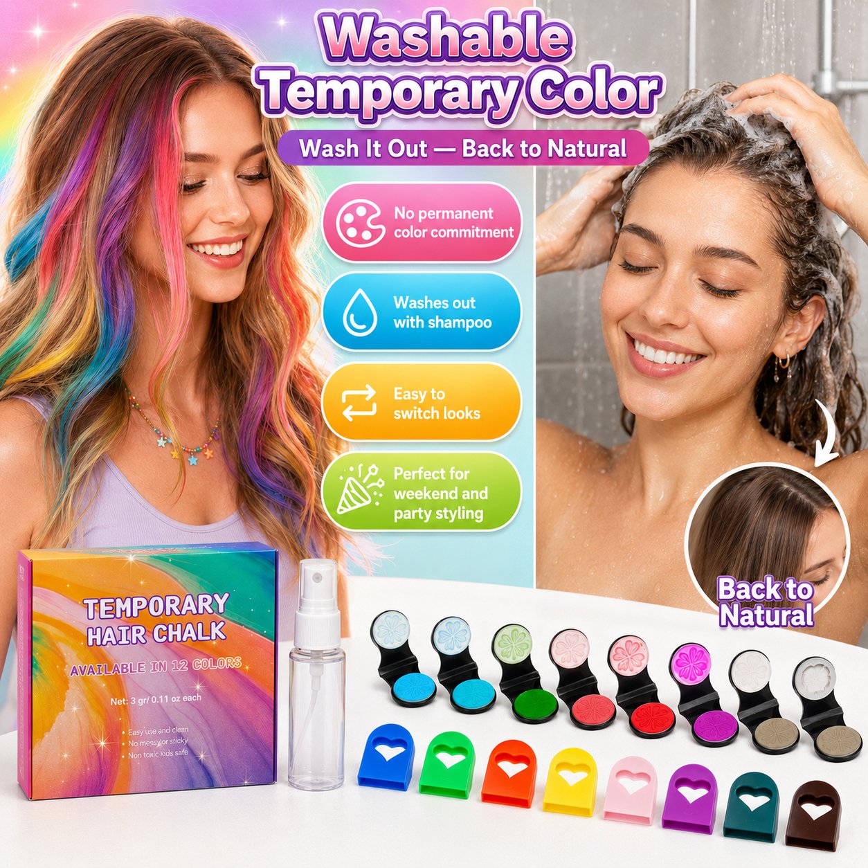 🔥Sista dagen 50% RABATT - 🌈12-färgs tillfällig hårkritapplikator set