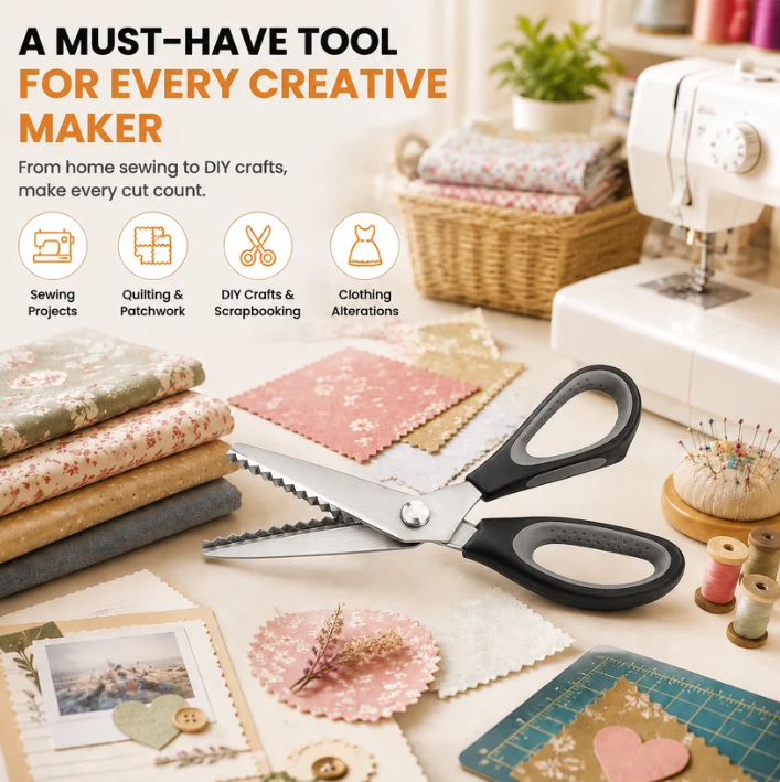 ✂️ 50% RABATT NU! Serrated Sewing Scissors – vassa tandade blad, ergonomisk design & mångsidig användning – perfekt för tyg, läder, papper och hantverk 🧵✨