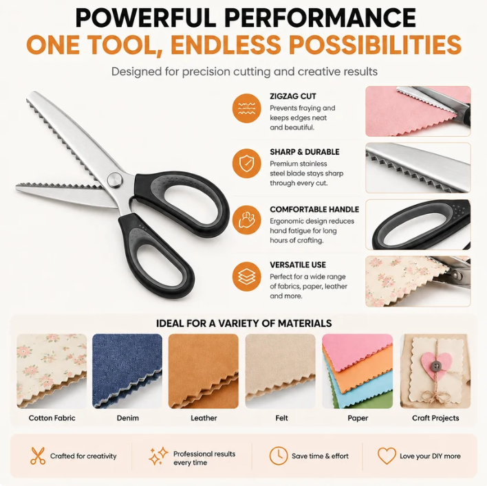 ✂️ 50% RABATT NU! Serrated Sewing Scissors – vassa tandade blad, ergonomisk design & mångsidig användning – perfekt för tyg, läder, papper och hantverk 🧵✨