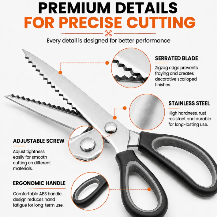 ✂️ 50% RABATT NU! Serrated Sewing Scissors – vassa tandade blad, ergonomisk design & mångsidig användning – perfekt för tyg, läder, papper och hantverk 🧵✨