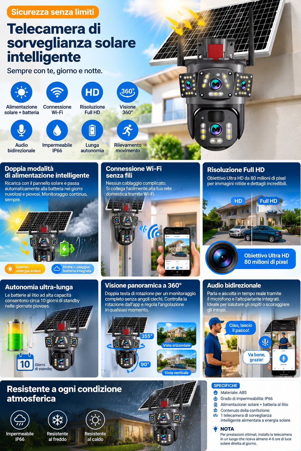 ⏳Tidsbegränsat erbjudande⏰📷 Soldriven Wi-Fi utomhussäkerhetskamera 6K 9MP｜3 objektiv, PTZ 360°, IP66 vattentät, färgnattsyn, tvåvägsljud, rörelsedetektion✨