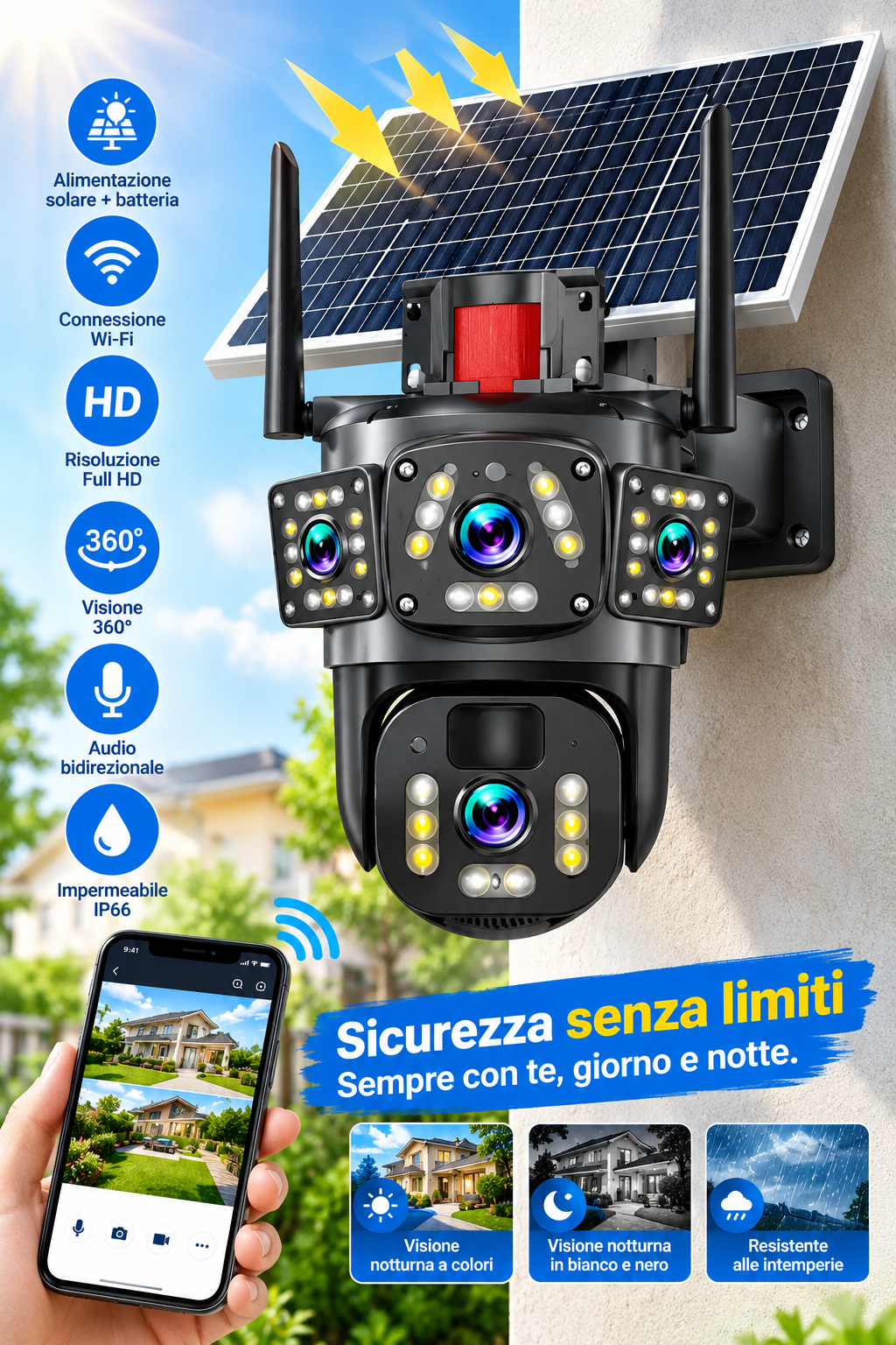 ⏳Tidsbegränsat erbjudande⏰📷 Soldriven Wi-Fi utomhussäkerhetskamera 6K 9MP｜3 objektiv, PTZ 360°, IP66 vattentät, färgnattsyn, tvåvägsljud, rörelsedetektion✨