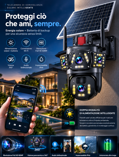 ⏳Tidsbegränsat erbjudande⏰📷 Soldriven Wi-Fi utomhussäkerhetskamera 6K 9MP｜3 objektiv, PTZ 360°, IP66 vattentät, färgnattsyn, tvåvägsljud, rörelsedetektion✨