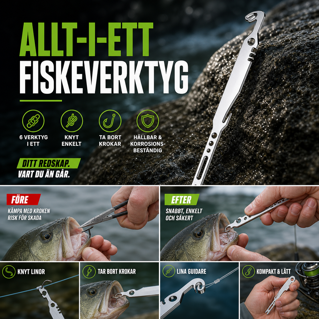 🎣 50 % RABATT NU! 🔥 6-i-1 Multifunktionsverktyg i Rostfritt Stål – Perfekt för Sportfiske & Uteliv 🐟