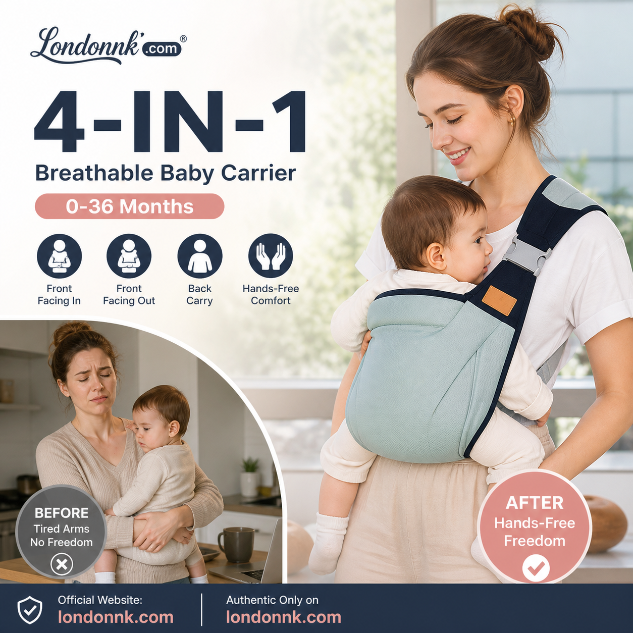 👶 50 % RABATT NU! 🧺 4-i-1 bärsele med ventilerande mesh – 0–36 månader, fram & rygg – nära barnet, händerna fria 💕