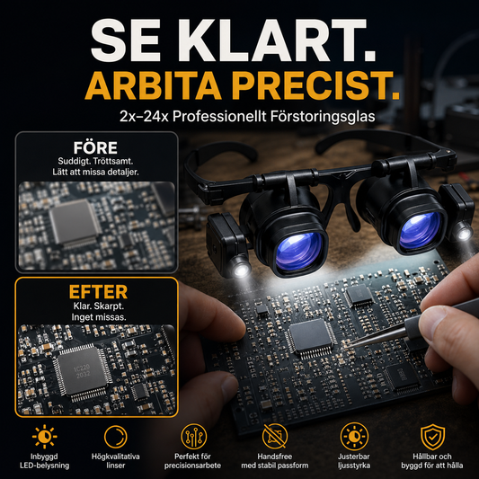 🔍LED-förstoringsglasögon med utbytbara linser 2X–25X, perfekt för finarbete✨Lätt ram, perfekt för hantverk, reparationer, läsning av liten text och smyckearbete. Få tydlig bild utan trötta ögon! ✨