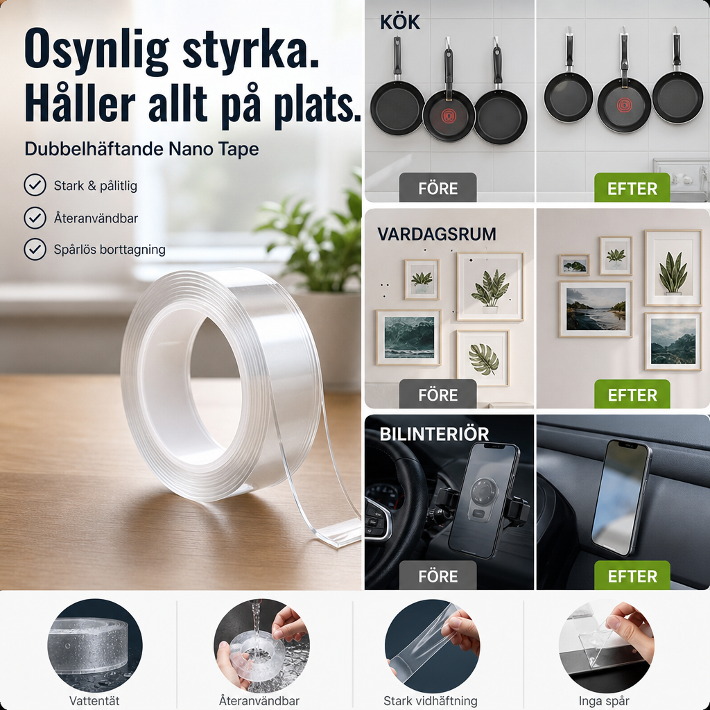📦 KÖP 2 FÅ 1 GRATIS! 🔧 Nanotejp – Lämnar Inga Spår, Återanvändbar & Transparent – Perfekt För Alla Ytor
