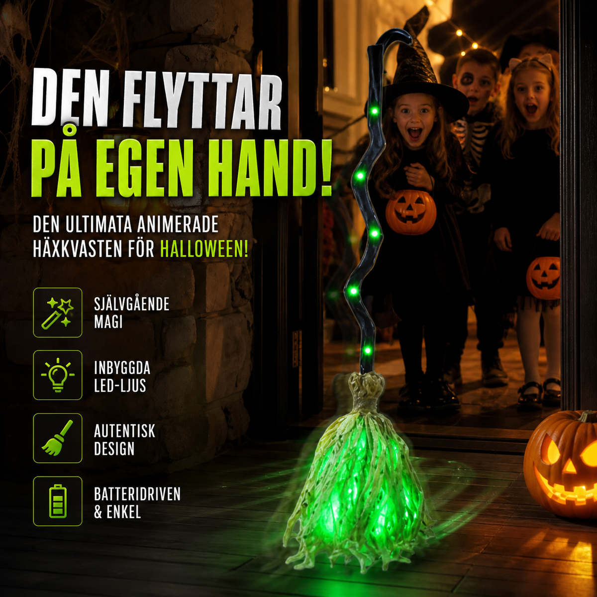 🎃 HALVA PRISET! Skapa en magisk Halloweenstämning – animerad häxa på kvast med ljus och ljud