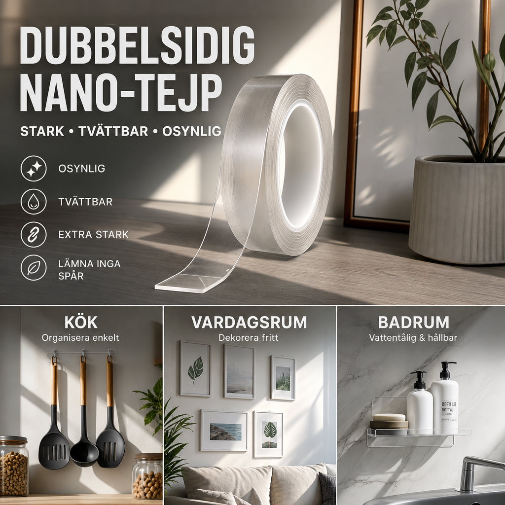 📦 KÖP 2 FÅ 1 GRATIS! 🔧 Nanotejp – Lämnar Inga Spår, Återanvändbar & Transparent – Perfekt För Alla Ytor