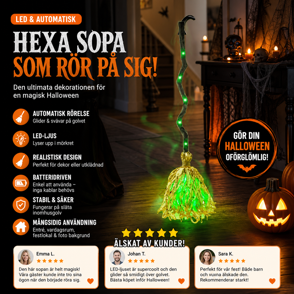 🎃 HALVA PRISET! Skapa en magisk Halloweenstämning – animerad häxa på kvast med ljus och ljud