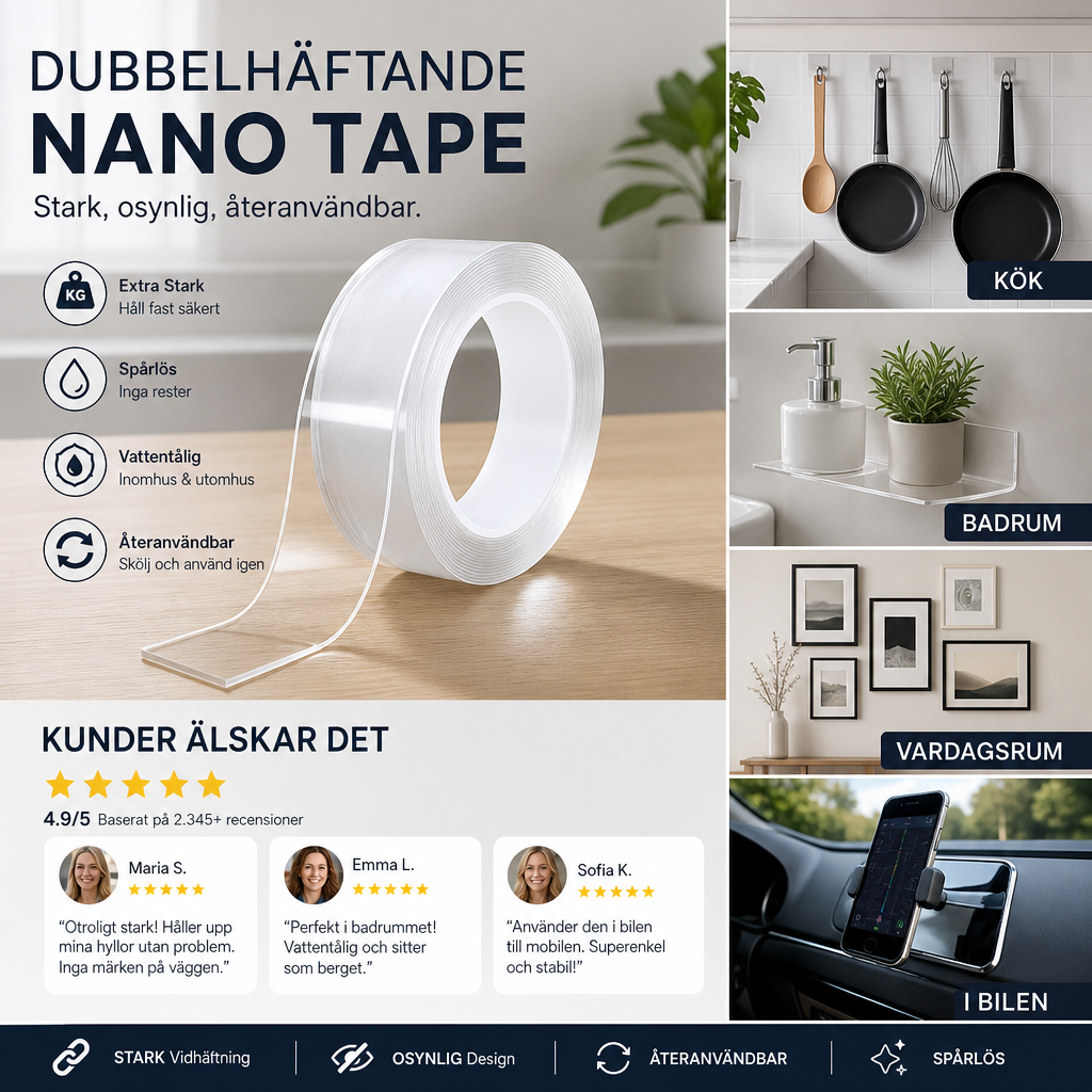📦 KÖP 2 FÅ 1 GRATIS! 🔧 Nanotejp – Lämnar Inga Spår, Återanvändbar & Transparent – Perfekt För Alla Ytor