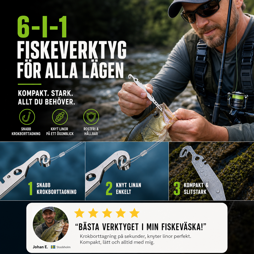 🎣 50 % RABATT NU! 🔥 6-i-1 Multifunktionsverktyg i Rostfritt Stål – Perfekt för Sportfiske & Uteliv 🐟
