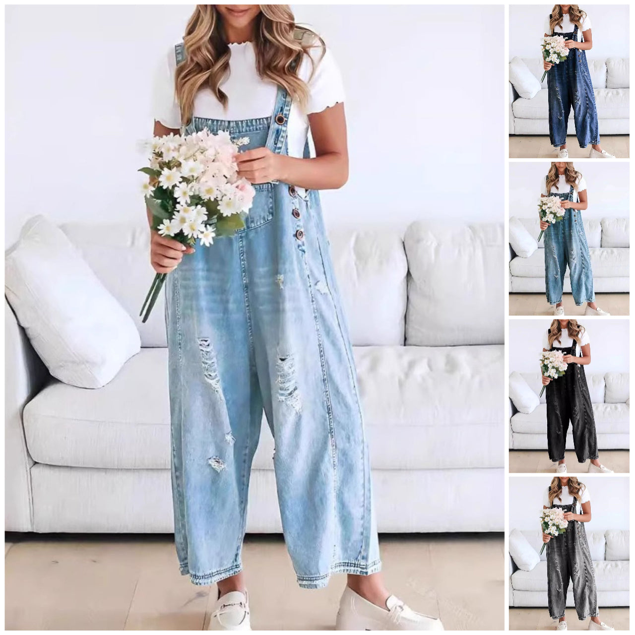 ❤️SOMMERANGEBOT - 50% RABATT❤️Süße Damen-Latzhose im Jumpsuit-Stil aus Destroyed Denim mit Knöpfen