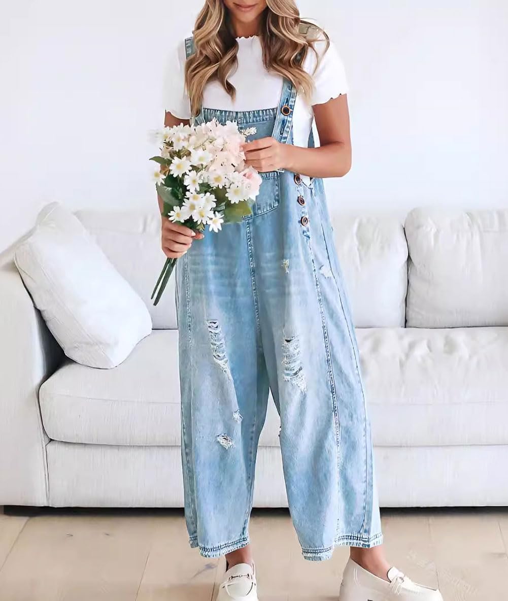 ❤️SOMMERANGEBOT - 50% RABATT❤️Süße Damen-Latzhose im Jumpsuit-Stil aus Destroyed Denim mit Knöpfen