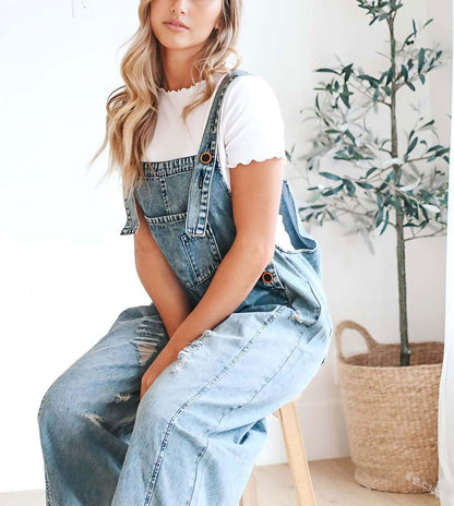 ❤️SOMMERANGEBOT - 50% RABATT❤️Süße Damen-Latzhose im Jumpsuit-Stil aus Destroyed Denim mit Knöpfen