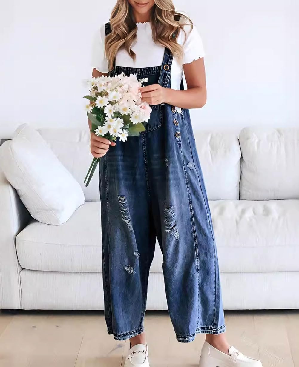 ❤️SOMMERANGEBOT - 50% RABATT❤️Süße Damen-Latzhose im Jumpsuit-Stil aus Destroyed Denim mit Knöpfen