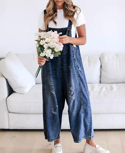❤️SOMMERANGEBOT - 50% RABATT❤️Süße Damen-Latzhose im Jumpsuit-Stil aus Destroyed Denim mit Knöpfen