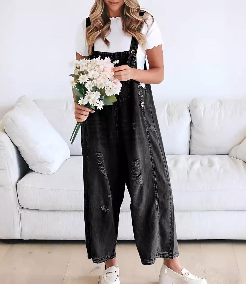 ❤️SOMMERANGEBOT - 50% RABATT❤️Süße Damen-Latzhose im Jumpsuit-Stil aus Destroyed Denim mit Knöpfen