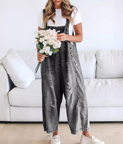 ❤️SOMMERANGEBOT - 50% RABATT❤️Süße Damen-Latzhose im Jumpsuit-Stil aus Destroyed Denim mit Knöpfen