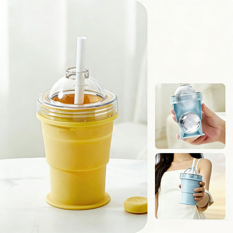 🔥HET SALU🔥 Bärbar silikonmugg med sugerör & isform 🧊🥤