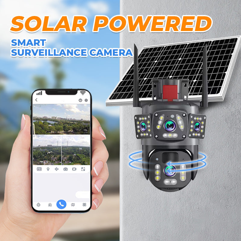 ⏳Tidsbegränsat erbjudande⏰📷 Soldriven Wi-Fi utomhussäkerhetskamera 6K 9MP｜3 objektiv, PTZ 360°, IP66 vattentät, färgnattsyn, tvåvägsljud, rörelsedetektion✨