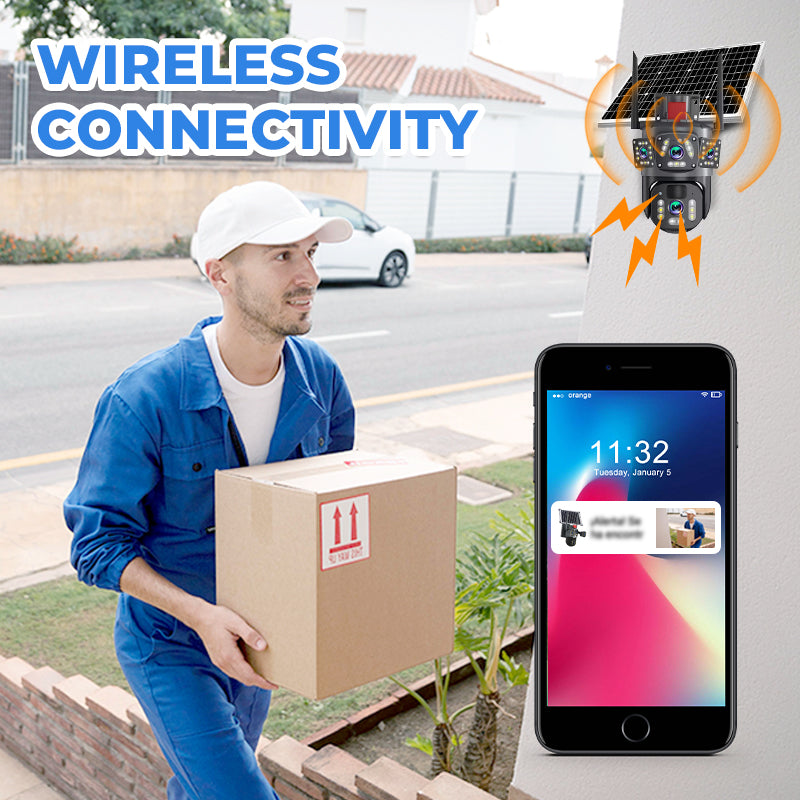 ⏳Tidsbegränsat erbjudande⏰📷 Soldriven Wi-Fi utomhussäkerhetskamera 6K 9MP｜3 objektiv, PTZ 360°, IP66 vattentät, färgnattsyn, tvåvägsljud, rörelsedetektion✨