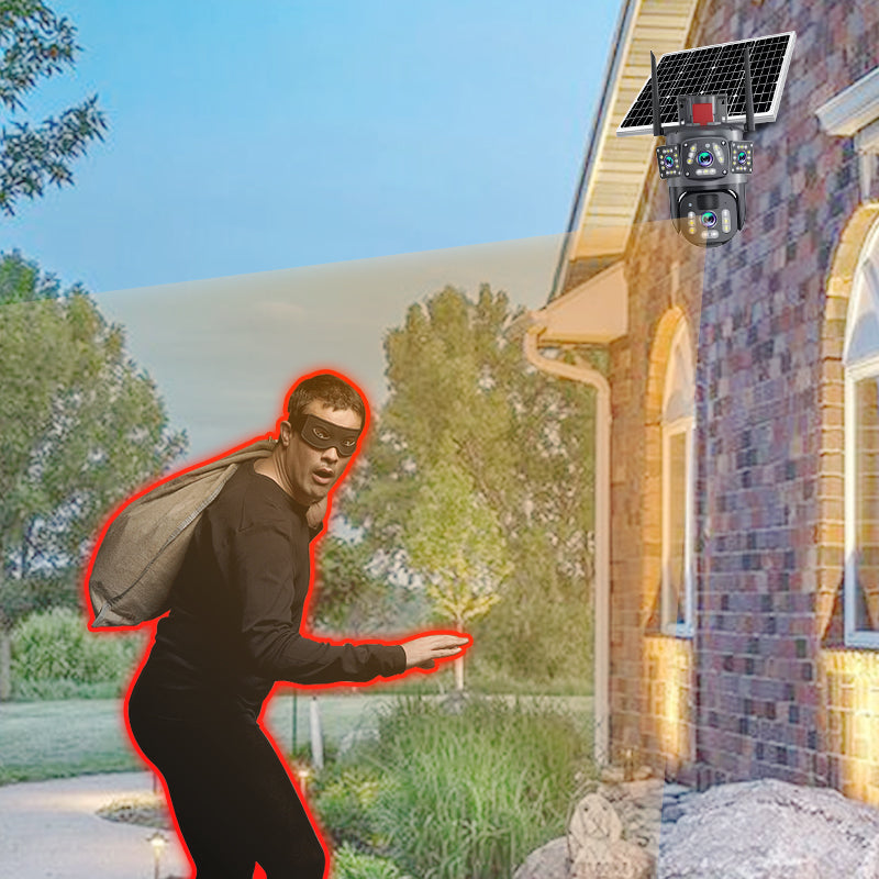 ⏳Tidsbegränsat erbjudande⏰📷 Soldriven Wi-Fi utomhussäkerhetskamera 6K 9MP｜3 objektiv, PTZ 360°, IP66 vattentät, färgnattsyn, tvåvägsljud, rörelsedetektion✨