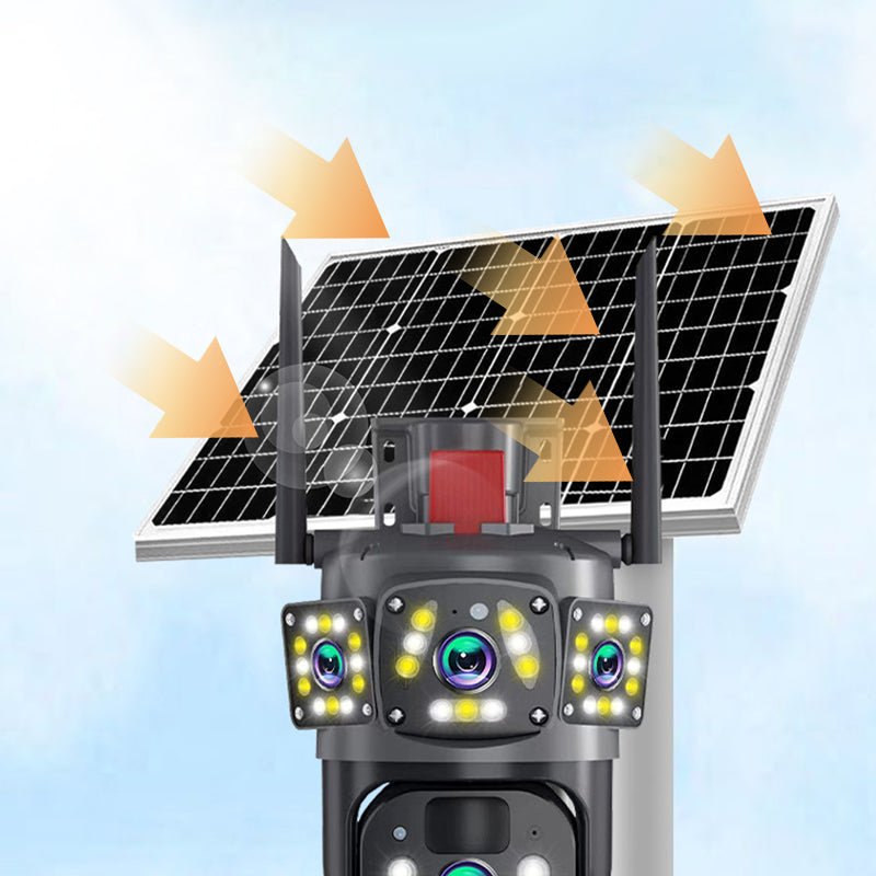 ⏳Tidsbegränsat erbjudande⏰📷 Soldriven Wi-Fi utomhussäkerhetskamera 6K 9MP｜3 objektiv, PTZ 360°, IP66 vattentät, färgnattsyn, tvåvägsljud, rörelsedetektion✨