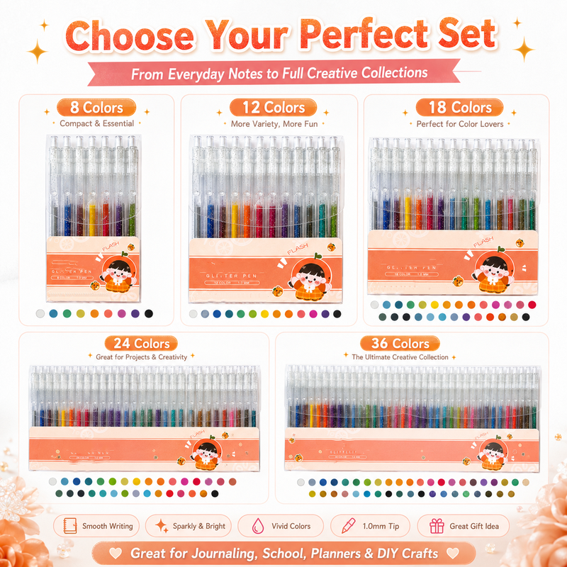 🎨 50% RABATT NU! Retractable Glitter Gel Pen Set – livfullt glitterbläck, snabbtorkande & tunn spets – perfekt för journaling, teckning och kreativa projekt ✨🖊️