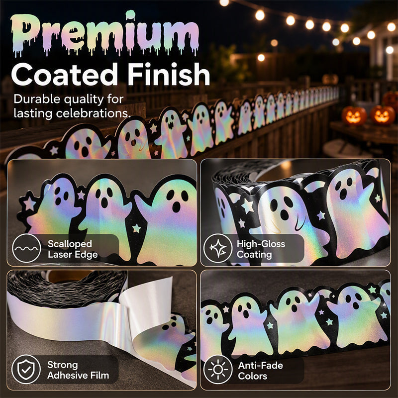 🎃 50% RABATT NU! Halloween Holographic Laser Ghost Border Sticker – bländande spökdesign, regnbågsskimmer & 5 meter – perfekt för klassrum, hem och fönster 👻✨