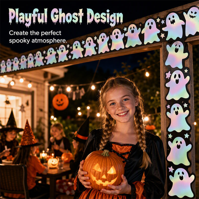 🎃 50% RABATT NU! Halloween Holographic Laser Ghost Border Sticker – bländande spökdesign, regnbågsskimmer & 5 meter – perfekt för klassrum, hem och fönster 👻✨