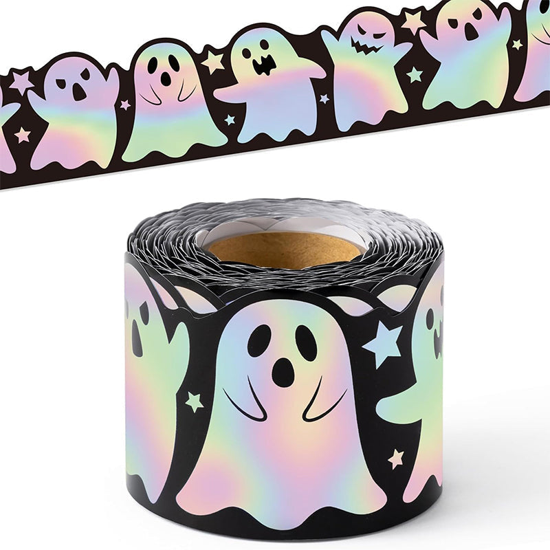 🎃 50% RABATT NU! Halloween Holographic Laser Ghost Border Sticker – bländande spökdesign, regnbågsskimmer & 5 meter – perfekt för klassrum, hem och fönster 👻✨