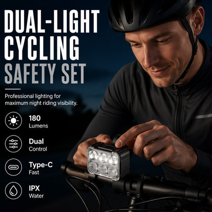 🚲📱 Stötsäkert cykeltelefonfäste + set med 6 LED-lampor – 180 lumen, laddningsbar typ-C, dubbla oberoende lampor, vattentät. Säker nattcykling! 🛡️💪