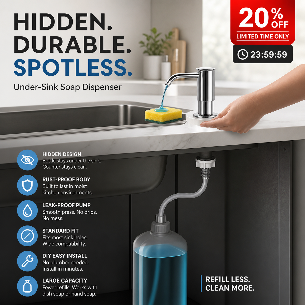 ⏰50% RABATT UNDER BEGRÄNSAD TID! 🧴🚿 Säg adjö till den otympliga tvålflaskan: denna inbyggda dispenser levererar tvål när det behövs, utan strul eller späll. 🍽️