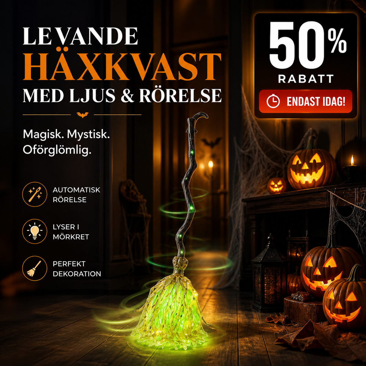 🎃 HALVA PRISET! Skapa en magisk Halloweenstämning – animerad häxa på kvast med ljus och ljud