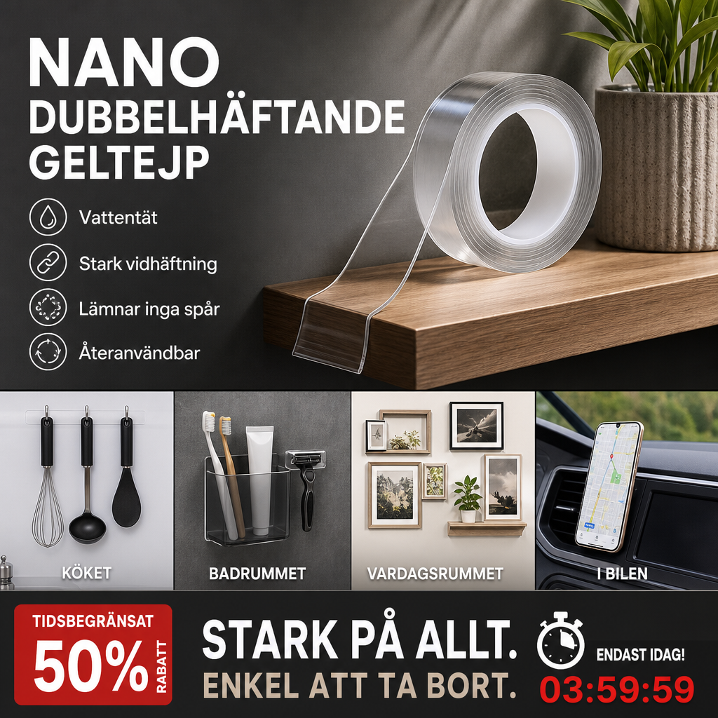 📦 KÖP 2 FÅ 1 GRATIS! 🔧 Nanotejp – Lämnar Inga Spår, Återanvändbar & Transparent – Perfekt För Alla Ytor